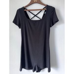 Strappy Black Short Sleeve Criss Cross Back Romper Shorts Outfit One Piece Large